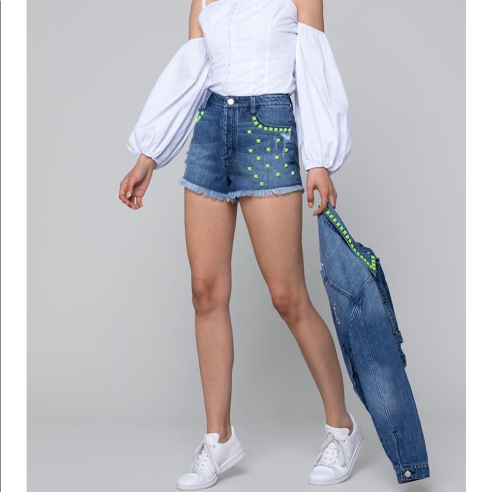 Bebe studded neon cut off jean shorts NWT